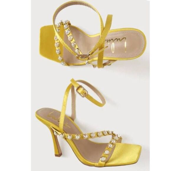 Lulus Women's Satin Pearl Strappy Heeled Sandals Party Marigold Size 8.5 NEW - Picture 1 of 5